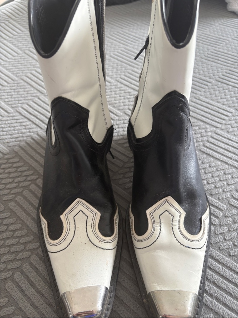 Zara Black and White Two-Tone Western Ankle Boots with Silver Toe Cap